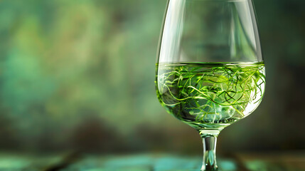 Green food coloring diffuse in water inside wine glass with empty copyspace area