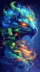 Mesmerizing Digital Art of a Colorful Fiery Phoenix with Vivid Vibrant Plumes in an Imaginative Fantasy World Setting for Art Enthusiasts