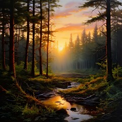 landscape painting of an untouched forest at sunrise light piercing through the dense foliage