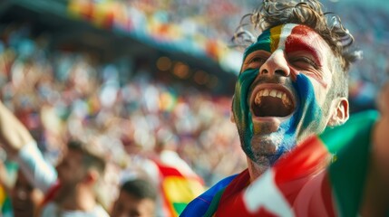 Euphoric Italian soccer fan celebrates with vibrant face paint, embracing team spirit and camaraderie at a lively stadium