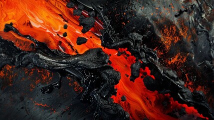 An abstract representation of a fiery lava stream in vibrant reds, oranges, and yellows, flowing dynamically across the canvas