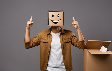 Young Man with Smiley Face Box Celebrates Victory – Fun and Success Concept