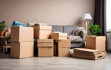 Fototapeta premium Seamless Moving and Relocation Services: Cardboard Boxes and Household Belongings in New Home