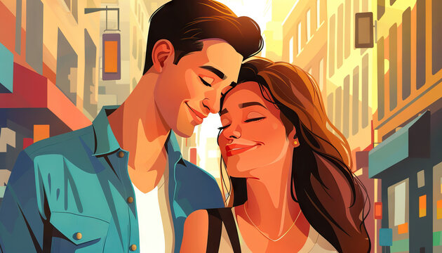 Happy Couple Taking a Romantic Stroll in the City - Experience urban romance with this image of a happy couple taking a romantic stroll in the city, perfect for illustrating love in an urban setting