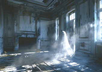 A ghostly figure appearing in an old, abandoned house, with eerie lighting and shadows