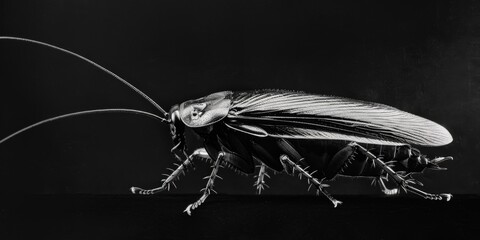 A detailed black and white image of a cockroach. Suitable for educational materials or pest control advertisements