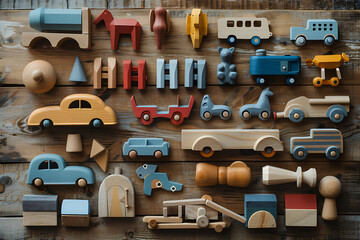 A collection of beautifully crafted children&rsquo;s wooden toys, including cars, blocks, and animals, displayed neatly on a wooden surface