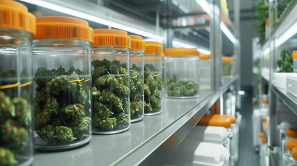 shelves in laboratory with glass jars with cannabis