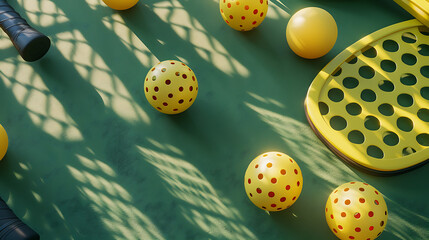 Yellow pickleball with paddle green court ground with shadow of the net