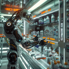 Obraz premium A futuristic pharmacy with robotic arms dispensing medication.