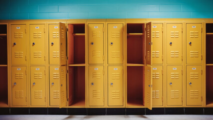  A row of yellow school lockers with a couple of doors open in a school hallway.