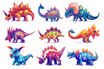 A collection of six different colored dinosaur figurines. Perfect for educational materials or children's products