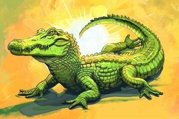 Fototapeta premium A drawing of a green alligator on a yellow background. Suitable for children's books or educational materials