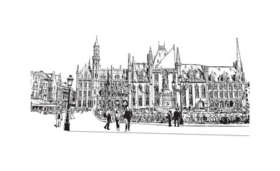 Fototapeta premium Building view with landmark of Bruges Belgium city. Hand drawn sketch illustration in vector.