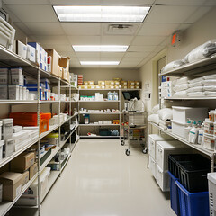 A clean and organized hospital supply room stocked with medical supplies.