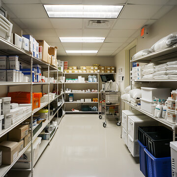 A clean and organized hospital supply room stocked with medical supplies.