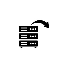 A minimalist black and white icon depicting a set of server racks with an upward-pointing arrow, representing data migration, cloud computing, or transferring digital information between systems.