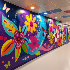 A colorful mural in a children's hospital ward to uplift young patients.