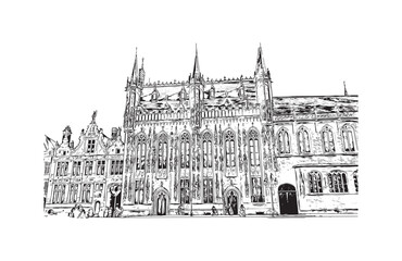 Obraz premium Building view with landmark of Bruges Belgium city. Hand drawn sketch illustration in vector.