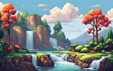 Stunning Pixel Art Waterfall Landscape Illustration