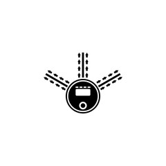 A minimalist black and white icon of a vacuum cleaner, symbolizing cleanliness and household chores.