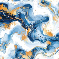 Abstract Blue and Gold Watercolor Background with Marbling on white background