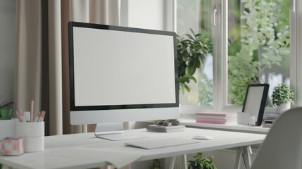 Capture ultra-realistic simulation-style photos of bright, clean, feminine home scenes. By having a computer It was empty in the middle of the table. minimalist decoration