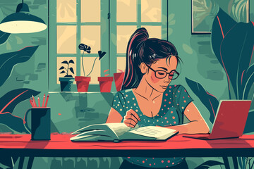 Female Student Preparing for Exam at Home, Education and Learning Concept