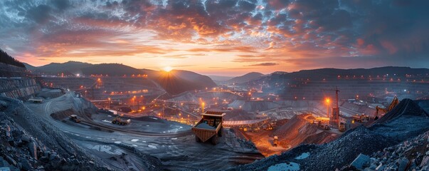 Panoramic view of a bustling surface mining operation during sunset, highlighting the intricate dance of man and machine.