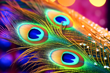 A close up of a peacock feather with a blue center. The feather is surrounded by green leaves and branches. Concept of natural beauty and tranquility