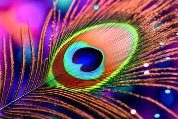 Obraz premium A close up of a peacock feather with a blue center. The feather is surrounded by green leaves and branches. Concept of natural beauty and tranquility