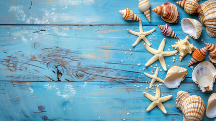 Summer background with seashells starfish border on blue wooden plank background
