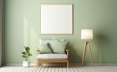 Bright and Fresh Green Room Mockupenhance,white blank frame ,lamp,plant