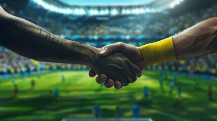 Sportsmanship handshake against the backdrop of a soccer match. Concept of Football World Cup and sports competition between international teams.