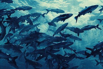 A large group of fish swimming in the ocean. Suitable for marine life concepts
