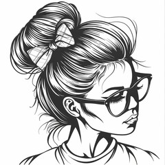 Fototapeta premium Black and White Illustration of a Woman with Glasses and a Bow. Generative ai