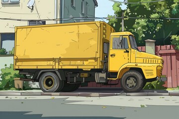 A yellow truck parked on the side of the road. Suitable for transportation concepts