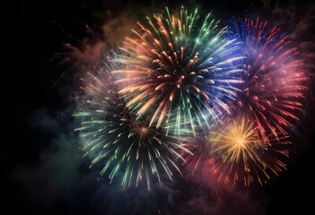 Colorful fireworks display in the night sky , with bursts of vibrant red, blue, green, and yellow sparks against a dark background