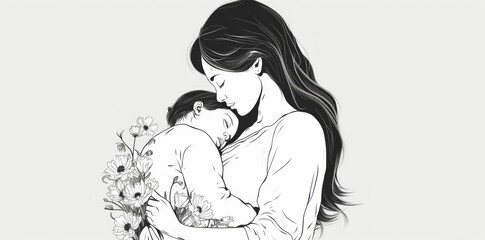 Mother Holding Baby with Floral Background. Generative ai