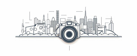 Obraz premium Camera with City Skyline in One Line Drawing Style. Generative ai