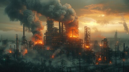 Fototapeta premium Large industrial plant emitting pollutants into the air. A polluted horizon filled with thick smog.