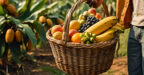 farmer's hands holding a basket of tropical fruits summer