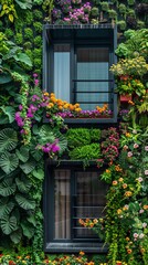A lush vertical garden on an urban building window, with a mix of green plants and colorful flowers