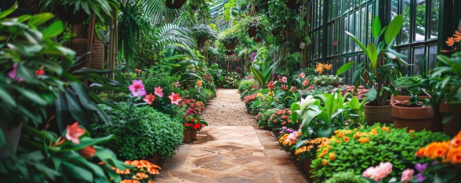 A lush indoor walkway of botanical garden with exotic plants, colorful flowers, and hanging vines