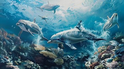 the world of marine life, with an artistic portrayal of dolphins and sea turtles in their natural habitat, a celebration of oceanic wonders 