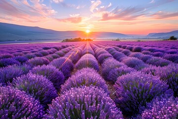 A tranquil lavender field at sunset, with rows of fragrant lavender stretching to the horizon
