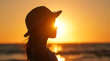 A young girl silhouette wearing a summer hat stand near the sea and enjoy sunset view at the ocean. Summer vacation concept