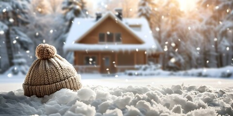 Fototapeta na wymiar Winterized house with heating system and snow model with knitted cap. Concept Winter Home Decor, Heating Solutions, Snowman Knit Hat Accessories