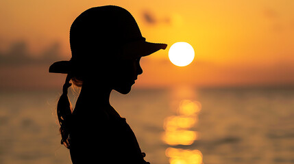 A young girl silhouette wearing a summer hat stand near the sea and enjoy sunset view at the ocean. Summer vacation concept