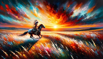 A Native American man on a horse abstract oil painting